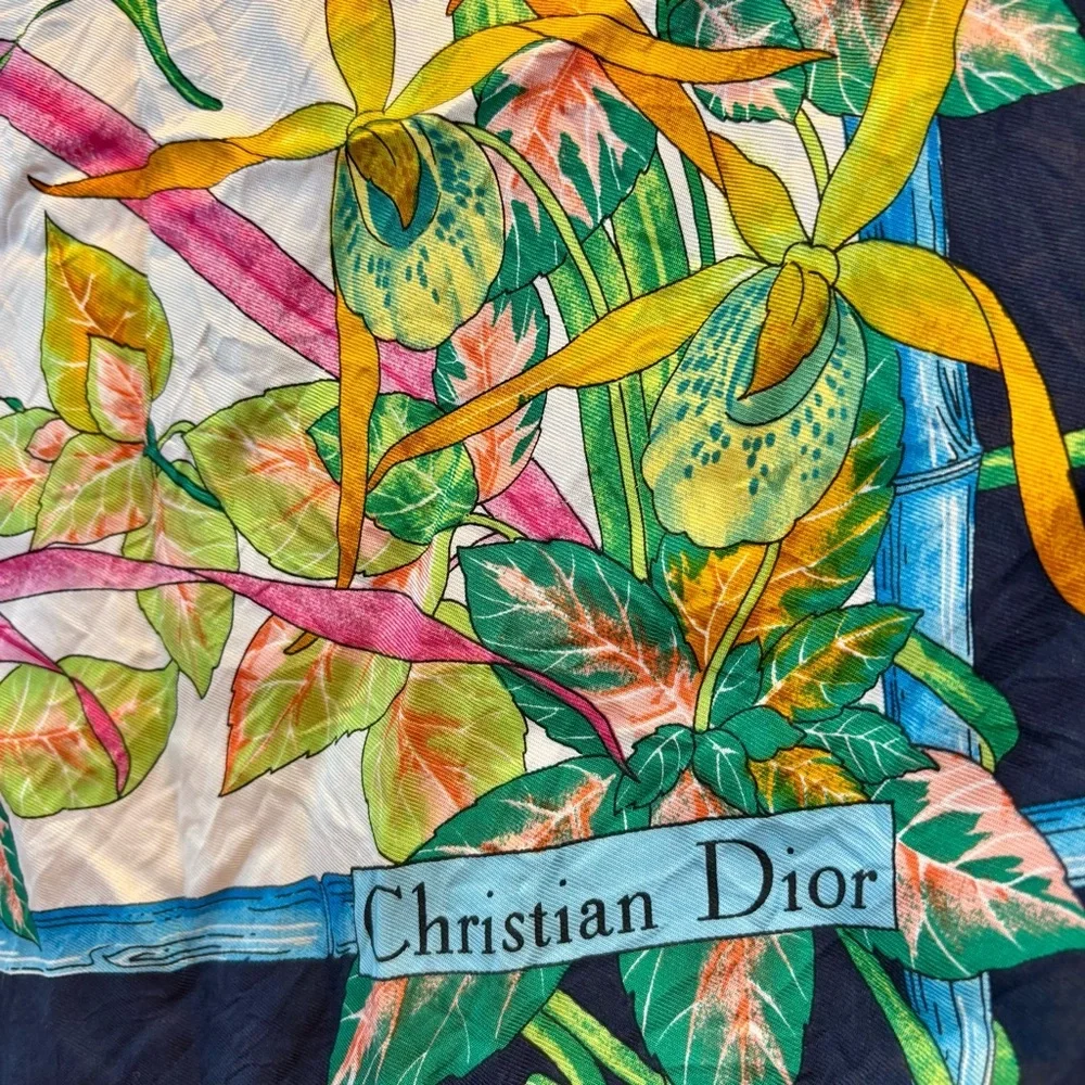 CHRISTIAN DIOR Vintage 34” 100% Silk “Floral & Butterfly” Botanical Square Scarf